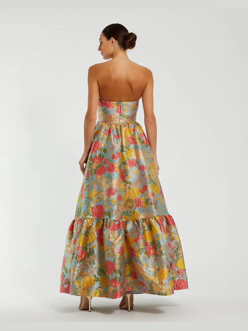 Strapless Brocade Floral Gown With Ruffle Hem