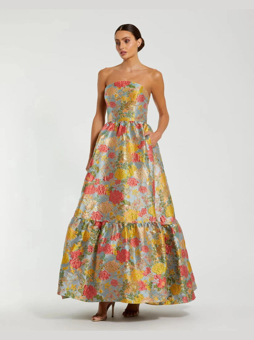 Strapless Brocade Floral Gown With Ruffle Hem