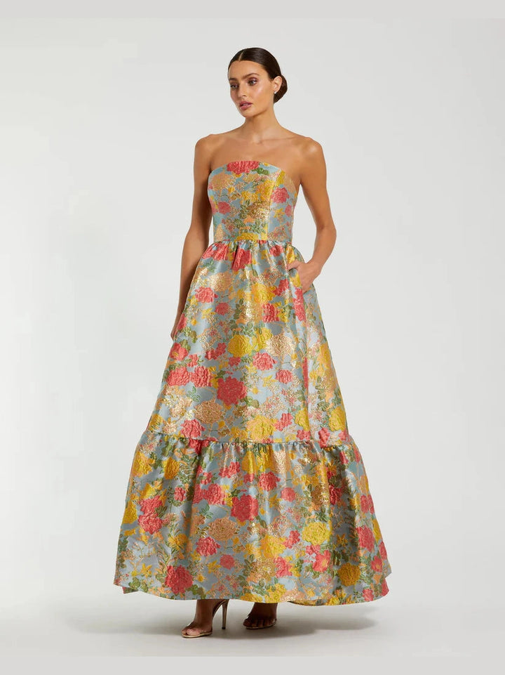 Strapless Brocade Floral Gown With Ruffle Hem