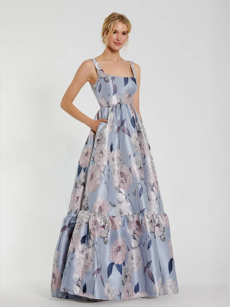 Floral Printed Satin Square Neck Gown