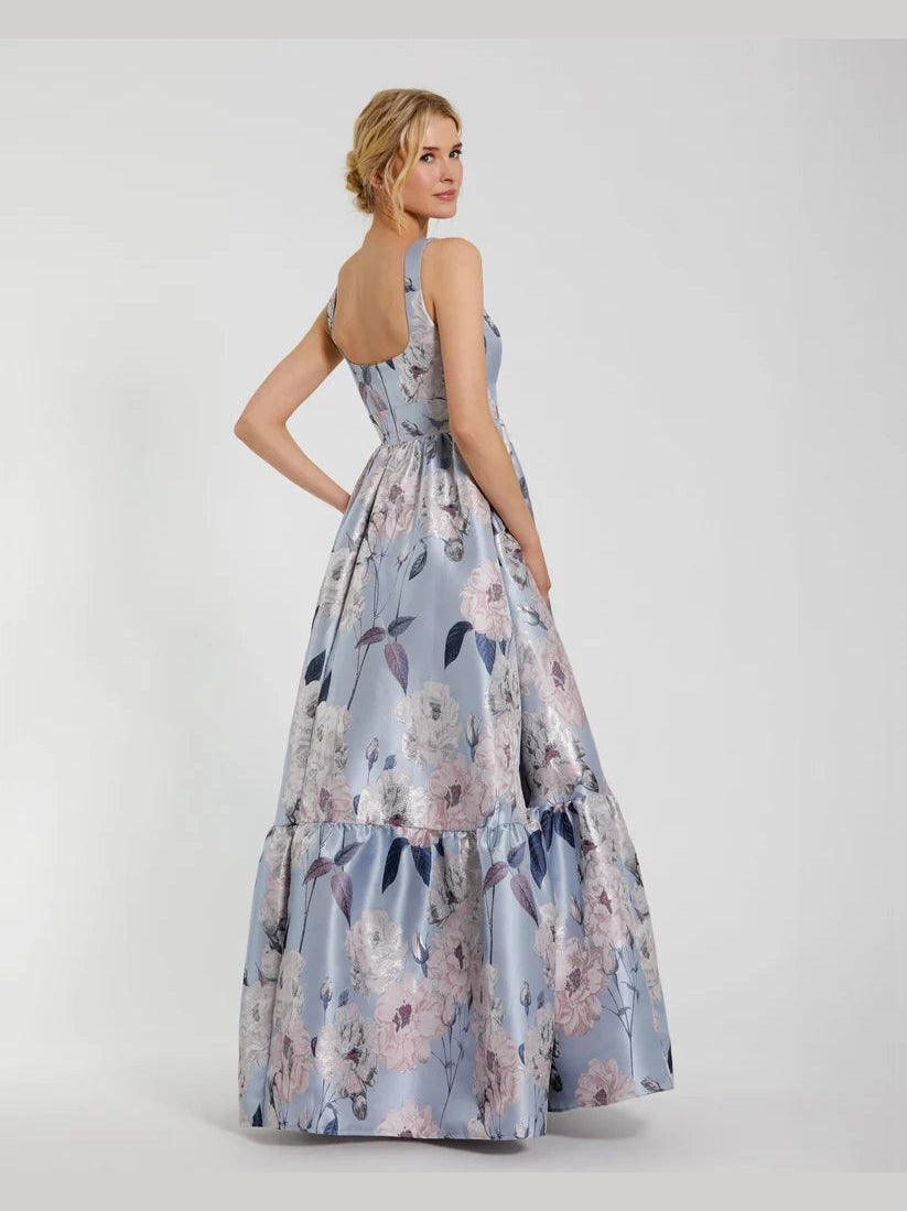 Floral Printed Satin Square Neck Gown