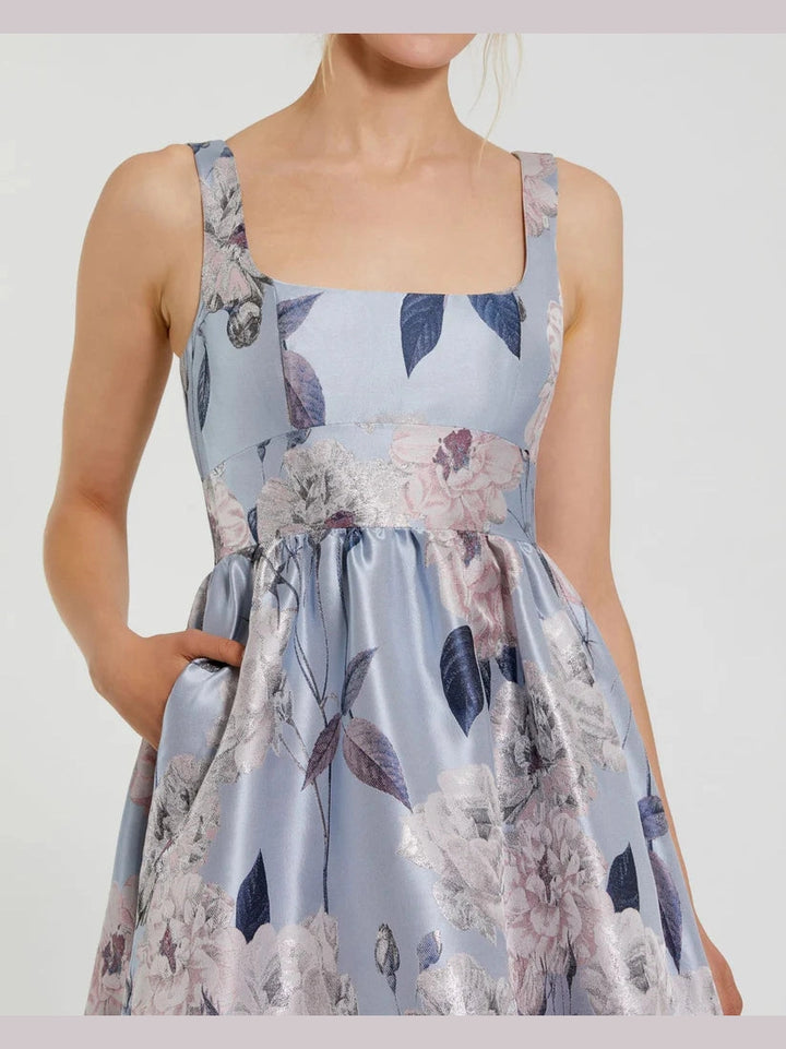 Floral Printed Satin Square Neck Gown