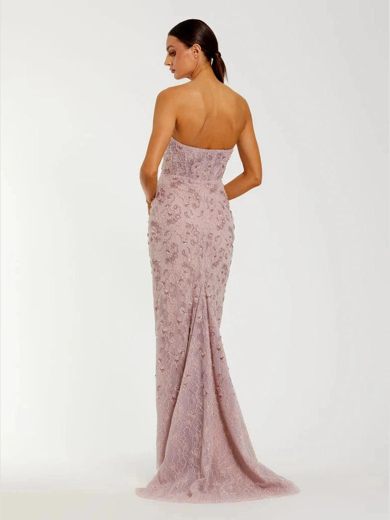 Beaded Strapless Bustier Gown With Sweeping Train