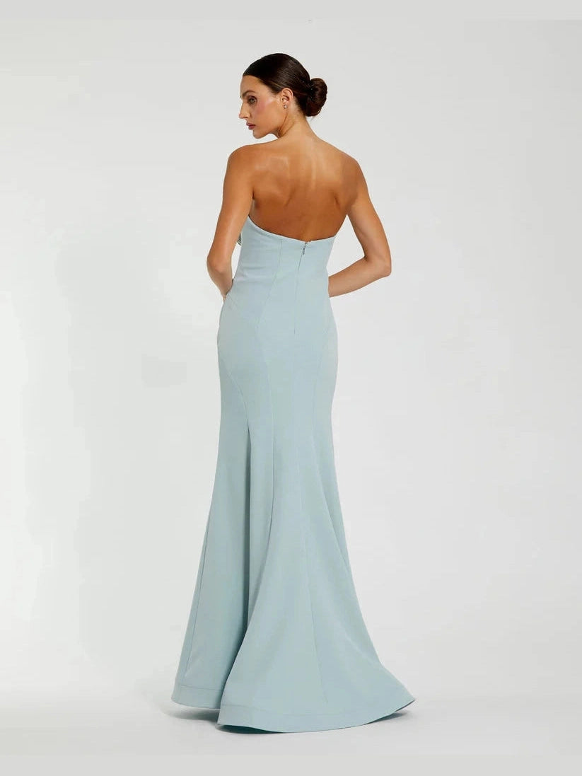 Crepe Strapless Gown With 3D Rhinestone Flower