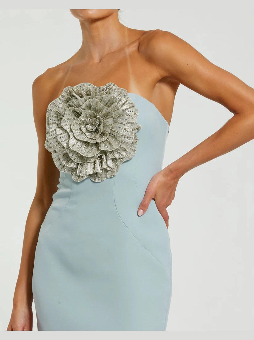 Crepe Strapless Gown With 3D Rhinestone Flower