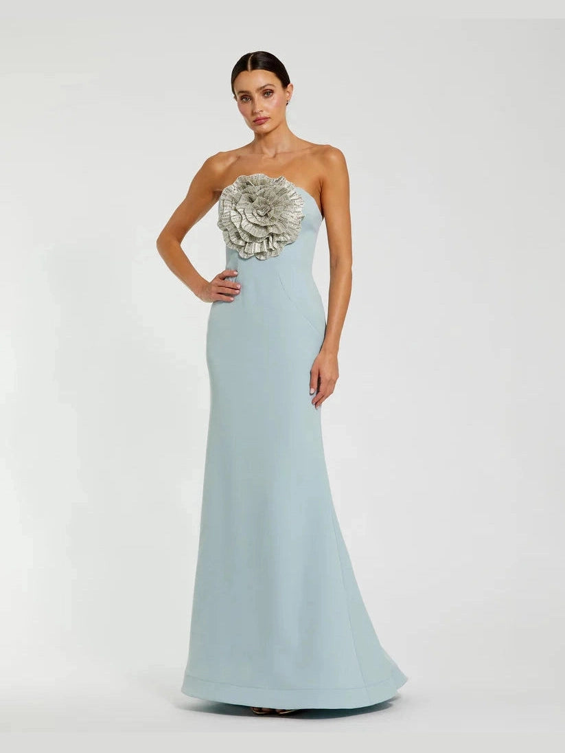 Crepe Strapless Gown With 3D Rhinestone Flower