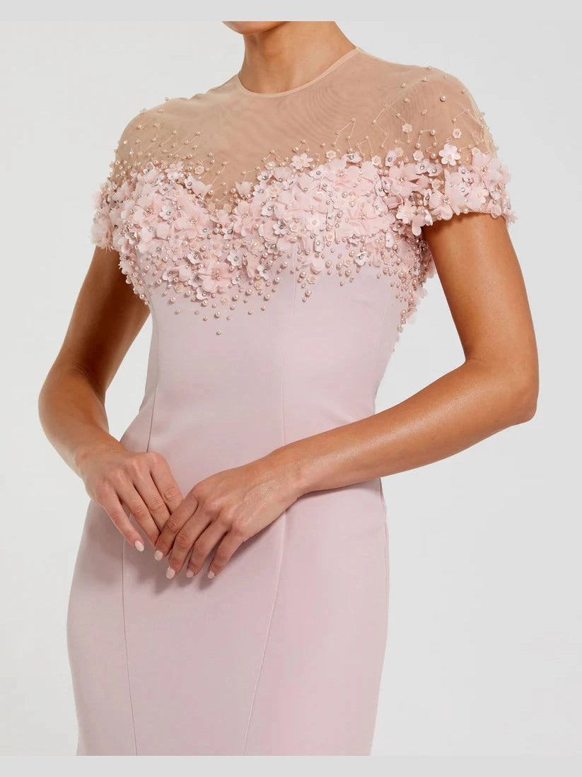 Mermaid Crepe Gown With Beaded Illusion Neck