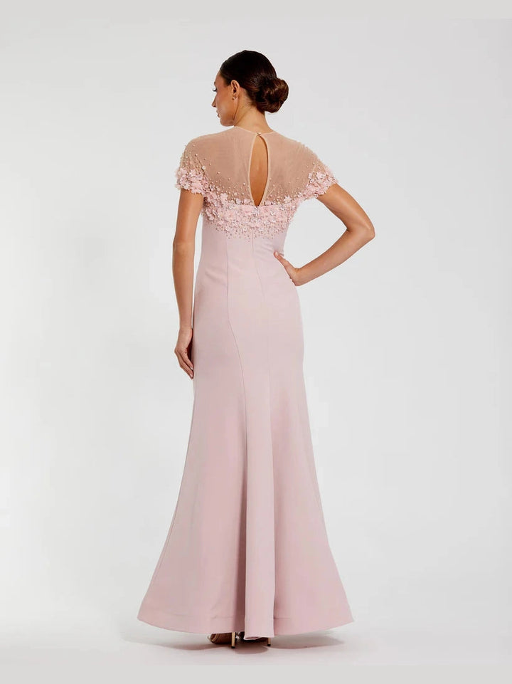 Mermaid Crepe Gown With Beaded Illusion Neck