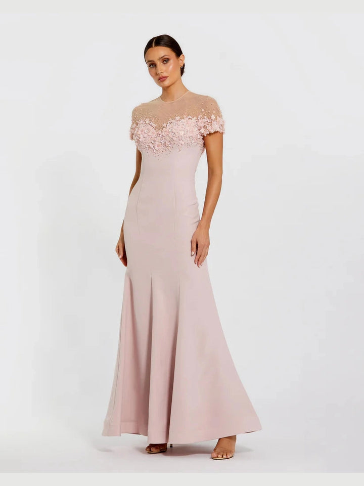 Mermaid Crepe Gown With Beaded Illusion Neck