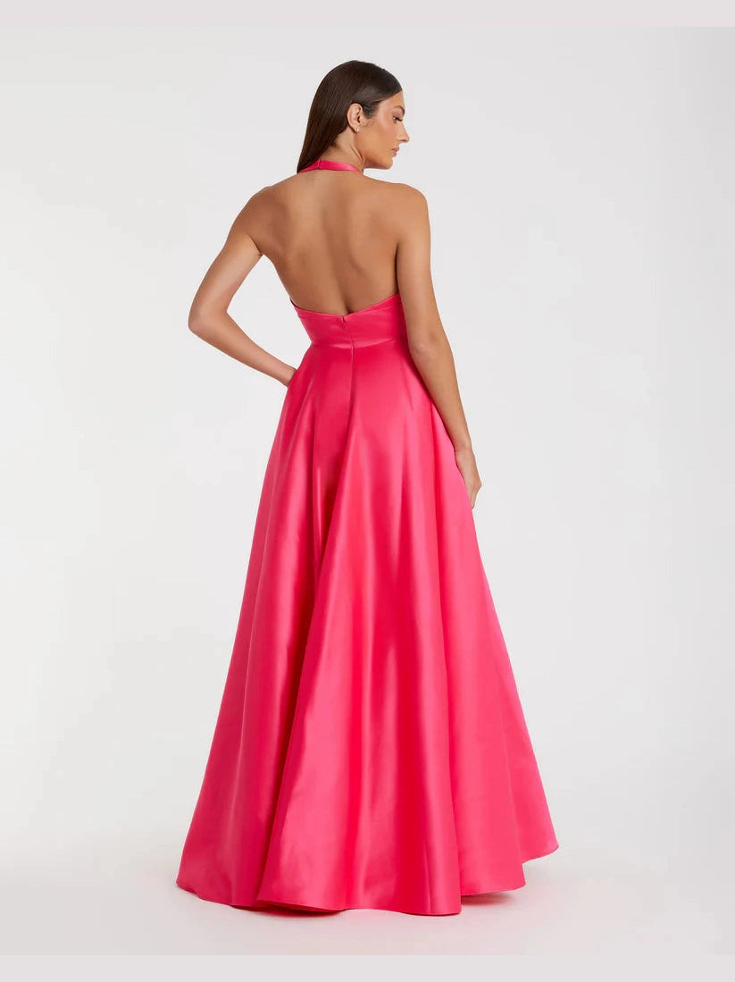 Sleeveless Deep V Satin Gown With Oversized Bow