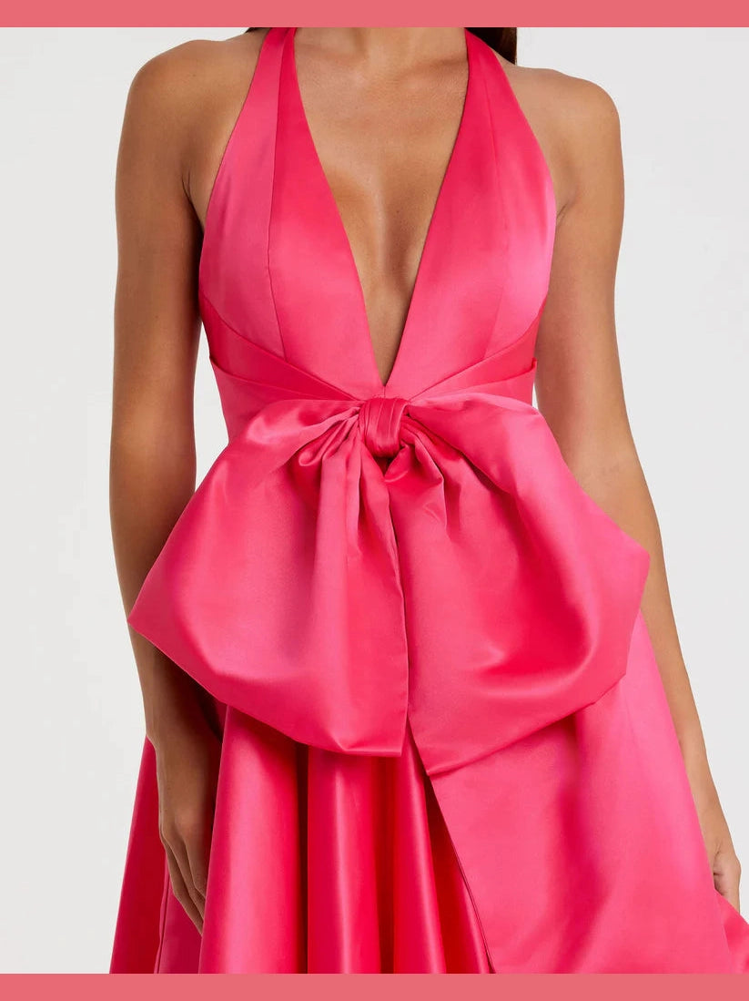 Sleeveless Deep V Satin Gown With Oversized Bow