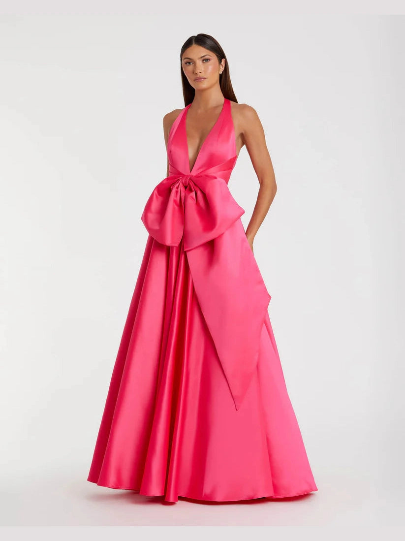 Sleeveless Deep V Satin Gown With Oversized Bow