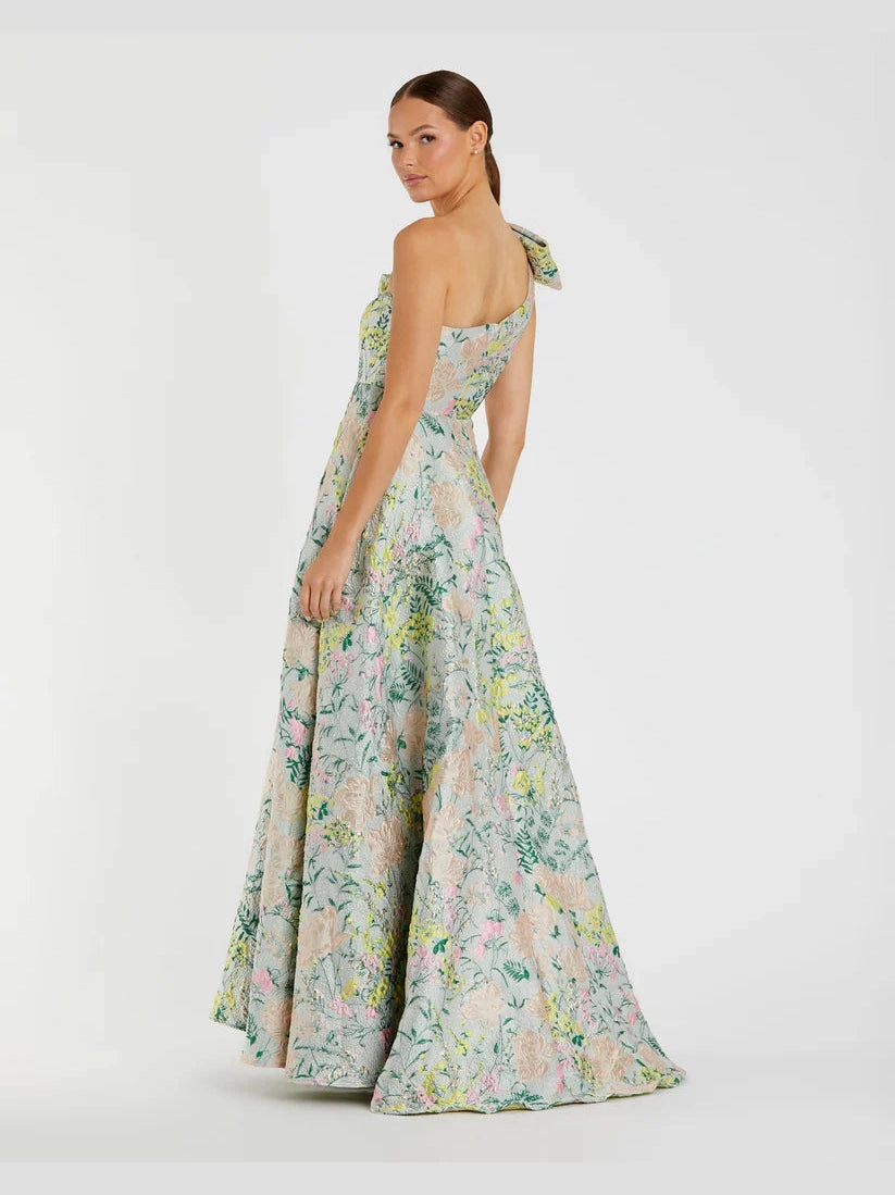 Floral One Shoulder Brocade Gown With Bow Detail