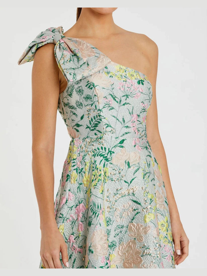 Floral One Shoulder Brocade Gown With Bow Detail