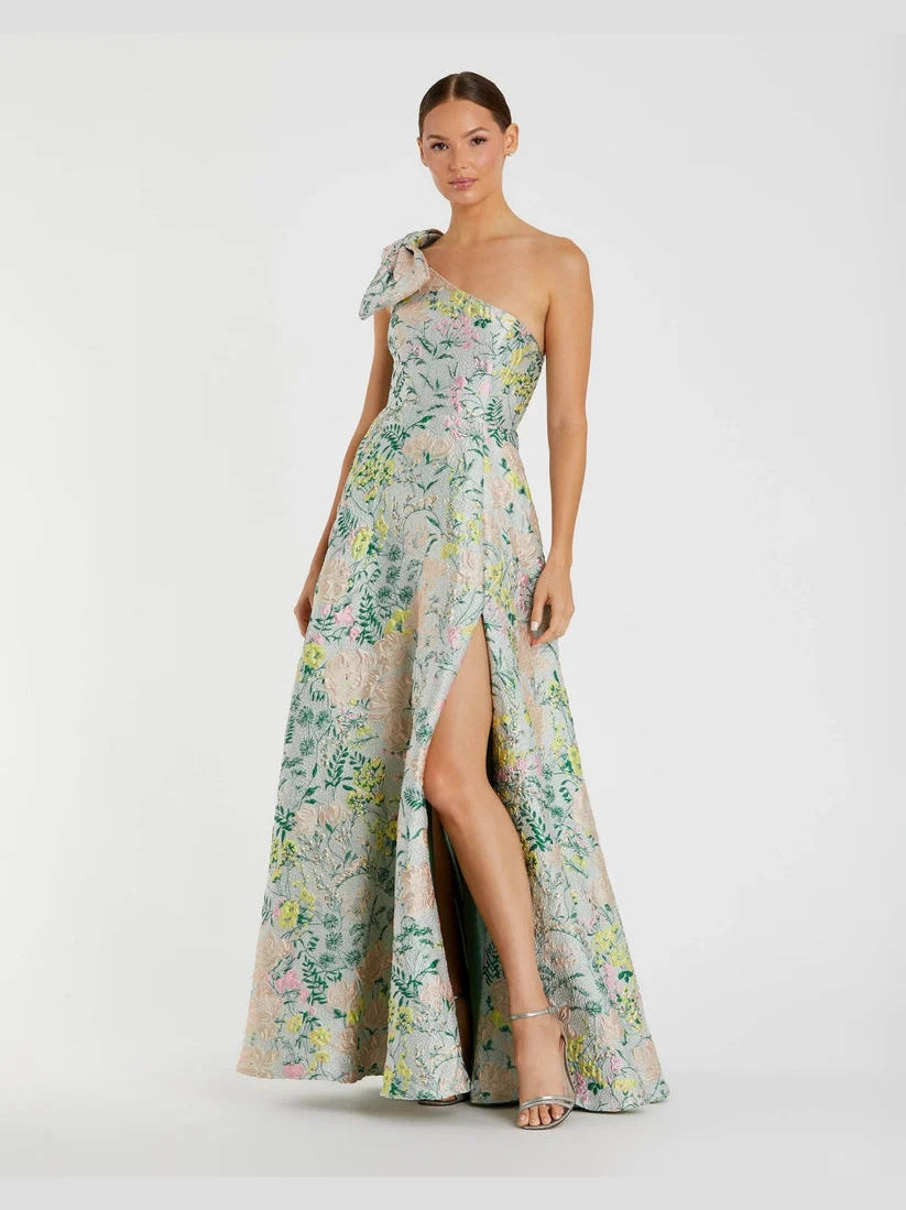 Floral One Shoulder Brocade Gown With Bow Detail