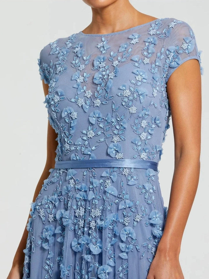 Floral Embellished Short Sleeve Mesh Gown