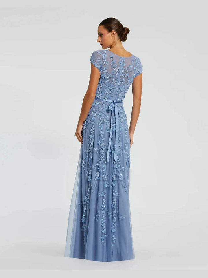 Floral Embellished Short Sleeve Mesh Gown