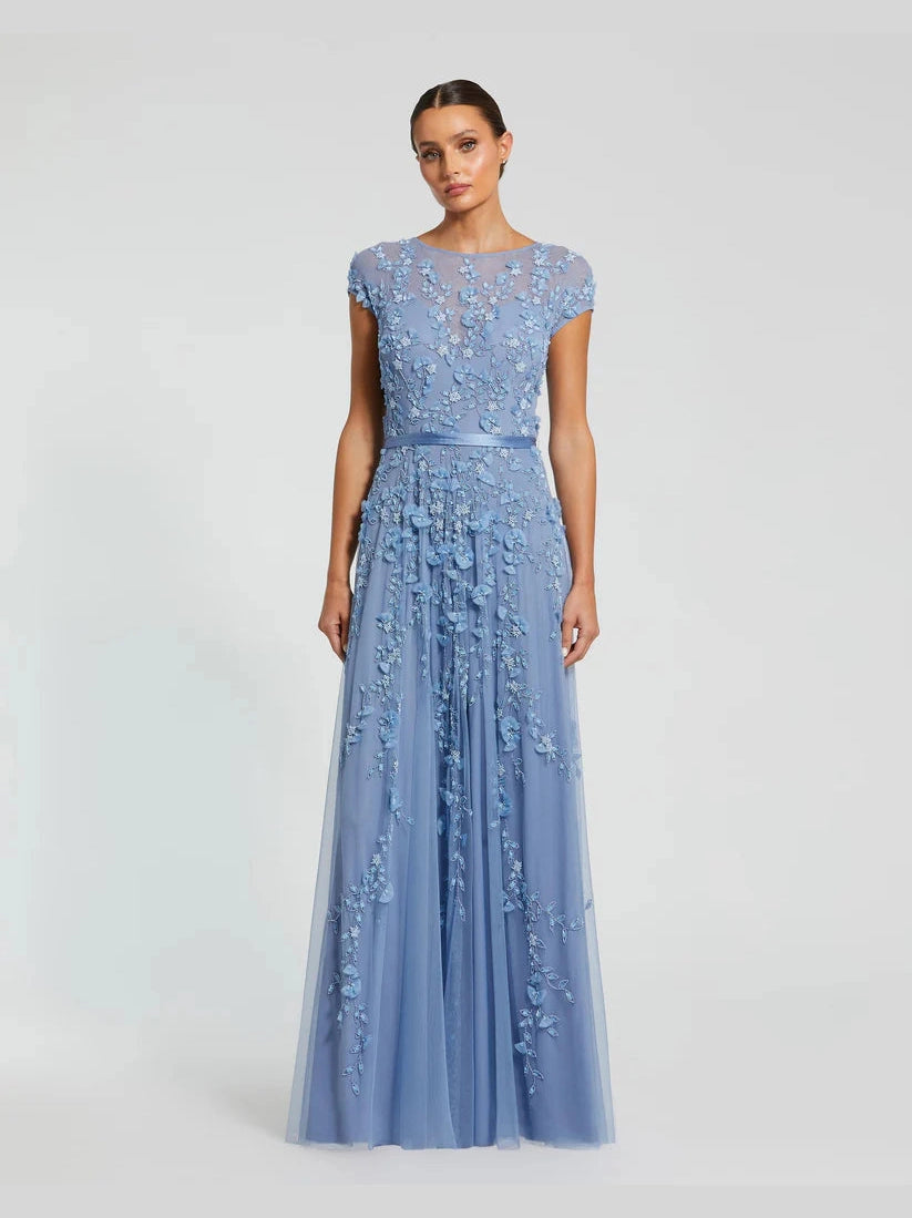 Floral Embellished Short Sleeve Mesh Gown