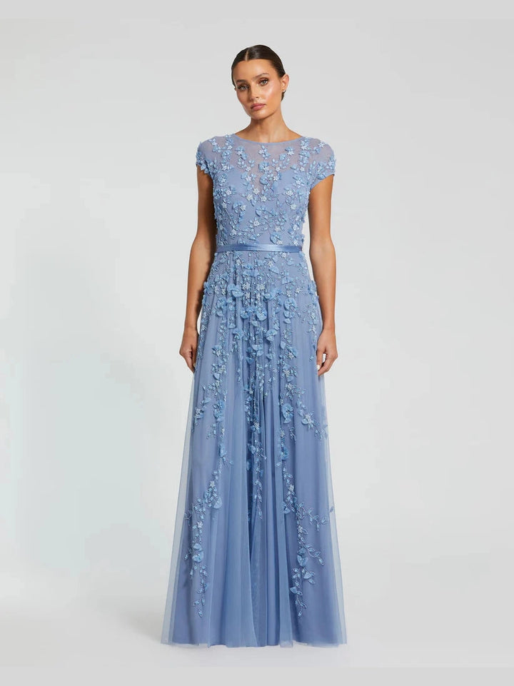 Floral Embellished Short Sleeve Mesh Gown