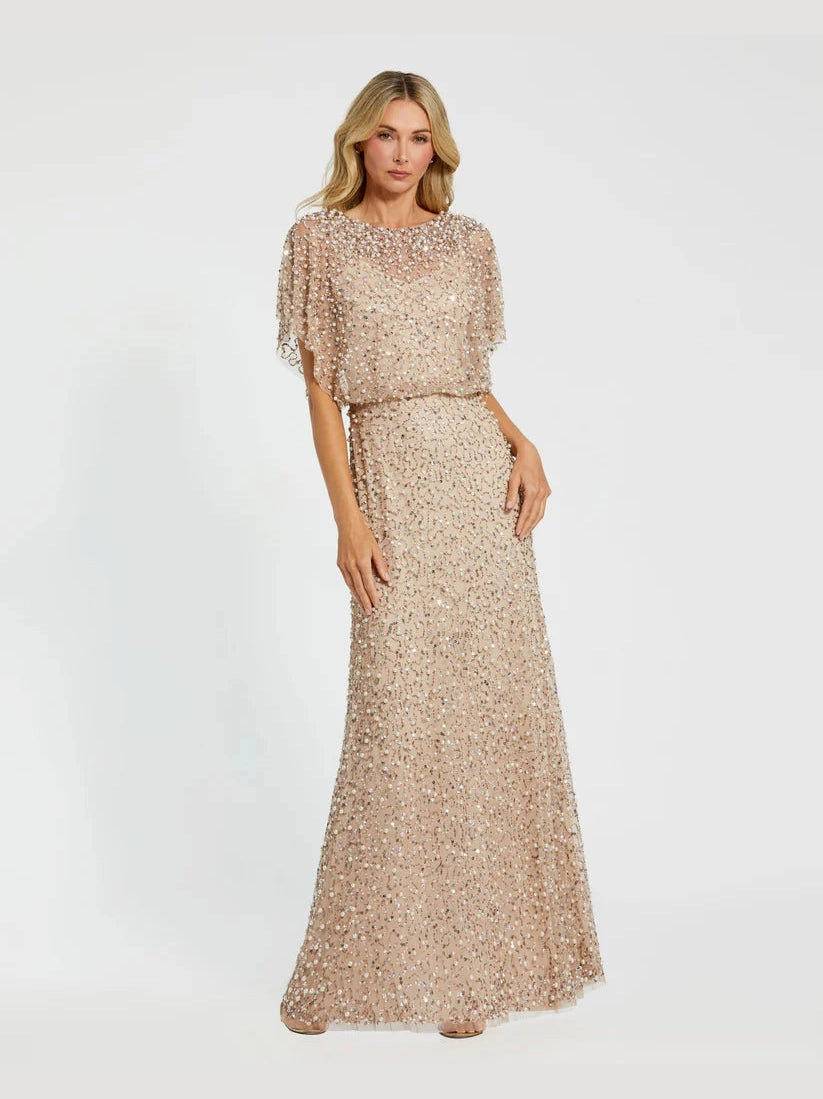 Beaded Mesh Gown With Shawl