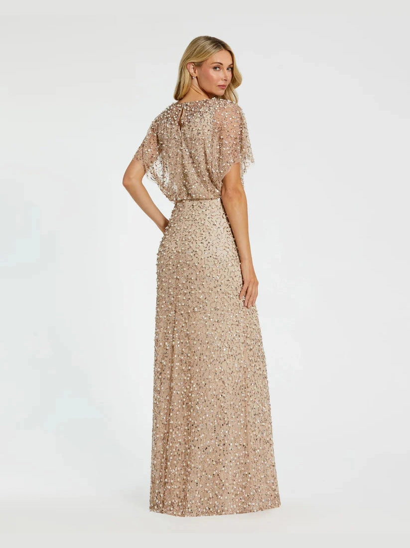 Beaded Mesh Gown With Shawl