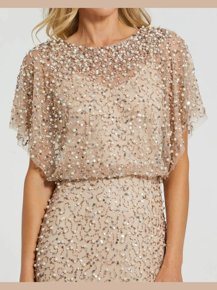 Beaded Mesh Gown With Shawl