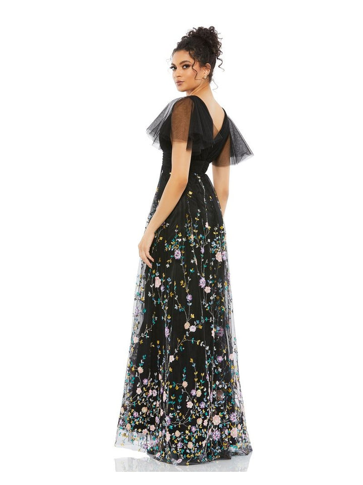 Black Embroidered Illusion Butterfly Sleeve V Neck Gown