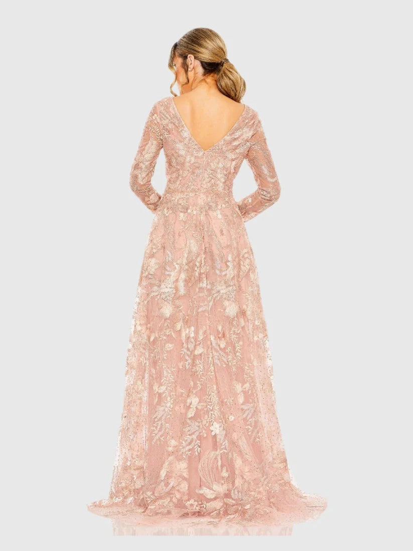 Embellished Long Sleeve V Neck A Line Gown