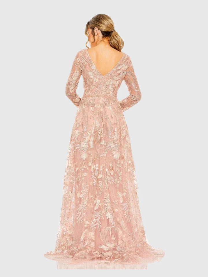 Embellished Long Sleeve V Neck A Line Gown