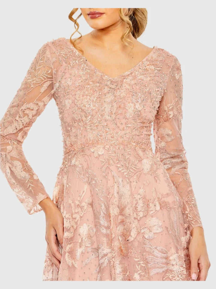 Embellished Long Sleeve V Neck A Line Gown