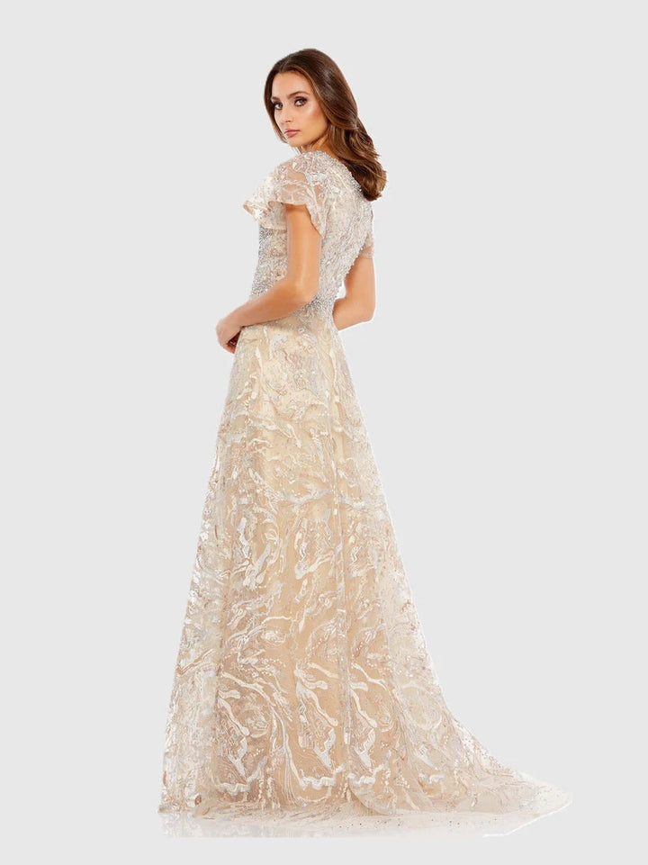 Embellished Illusion Butterfly Sleeve A-Line Gown