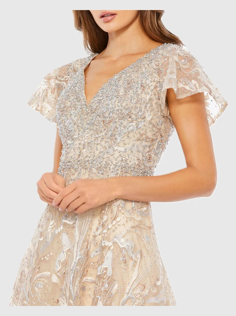Embellished Illusion Butterfly Sleeve A-Line Gown