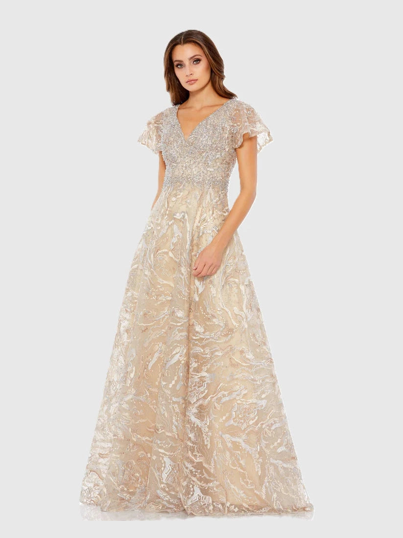 Embellished Illusion Butterfly Sleeve A-Line Gown