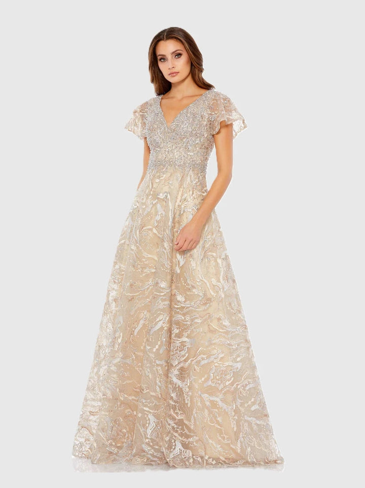 Embellished Illusion Butterfly Sleeve A-Line Gown