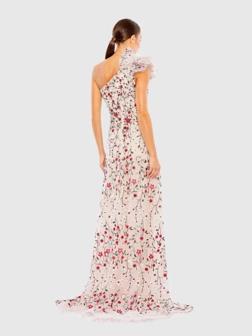 Embellished Ruffled One Shoulder A Line Gown