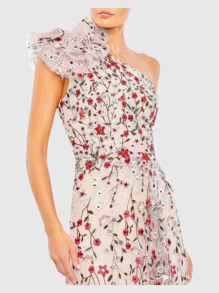 Embellished Ruffled One Shoulder A Line Gown