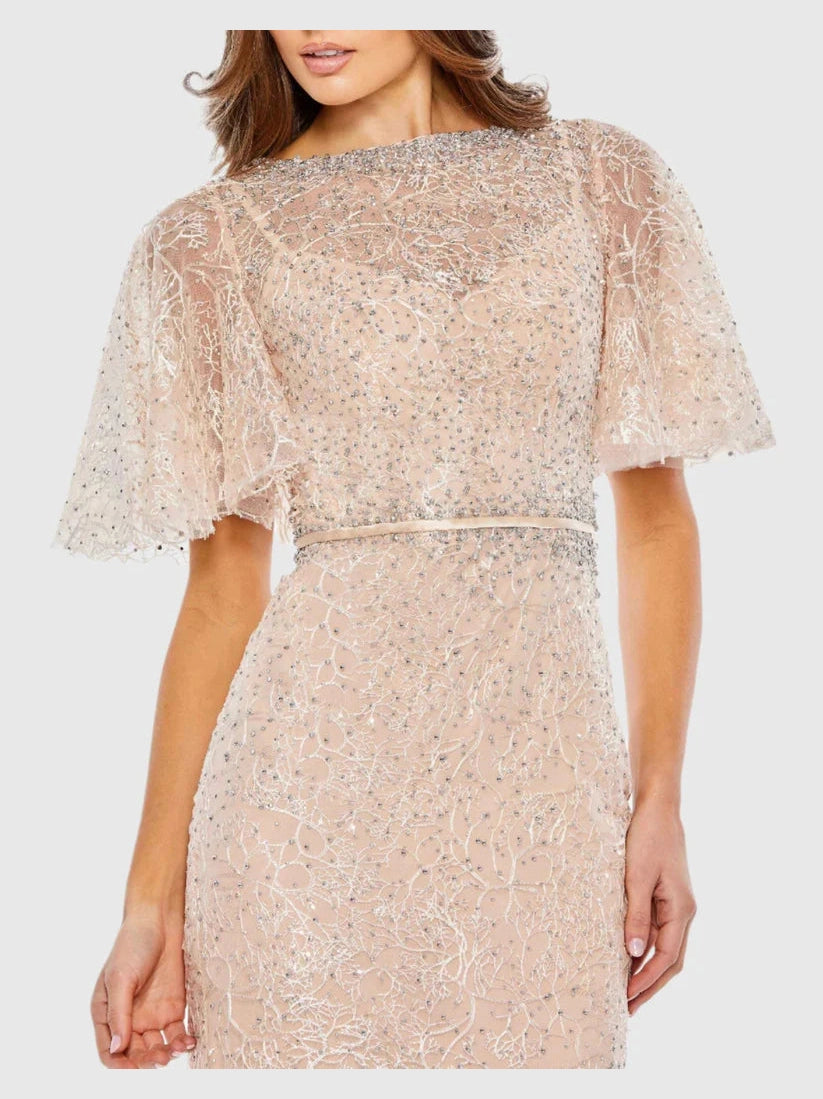 Embellished Neck Butterfly Sleeve Trumpet Gown