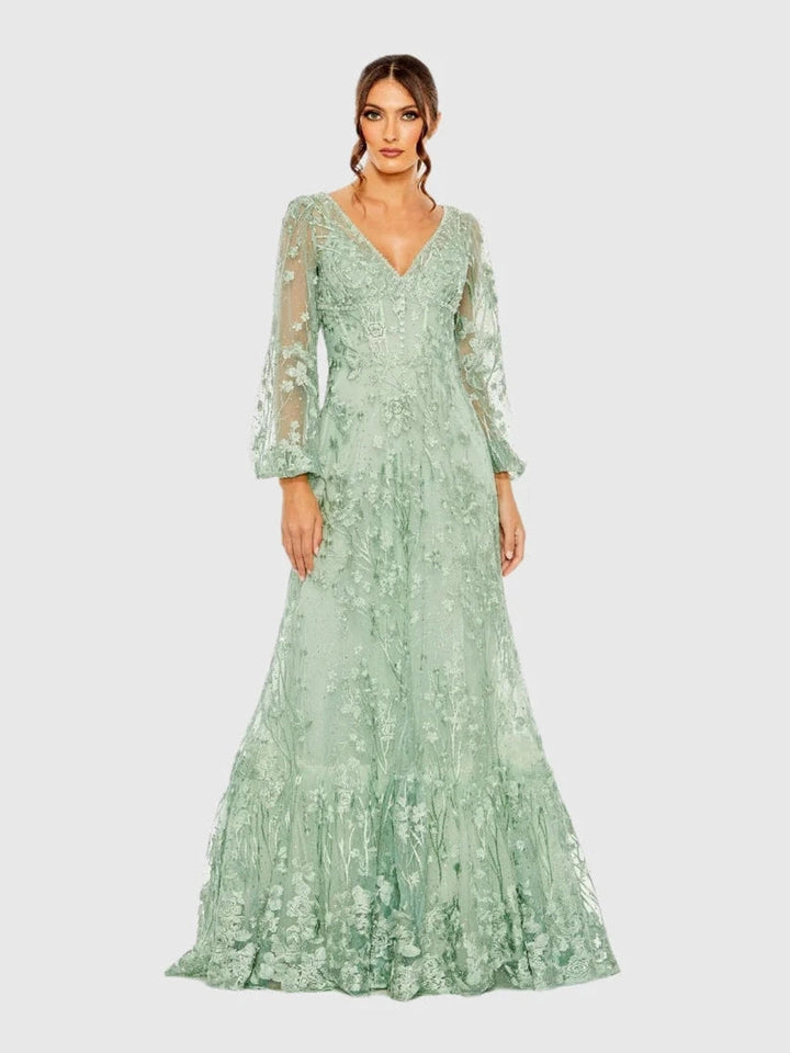 Puff Sleeve A-Line Embroidered Gown