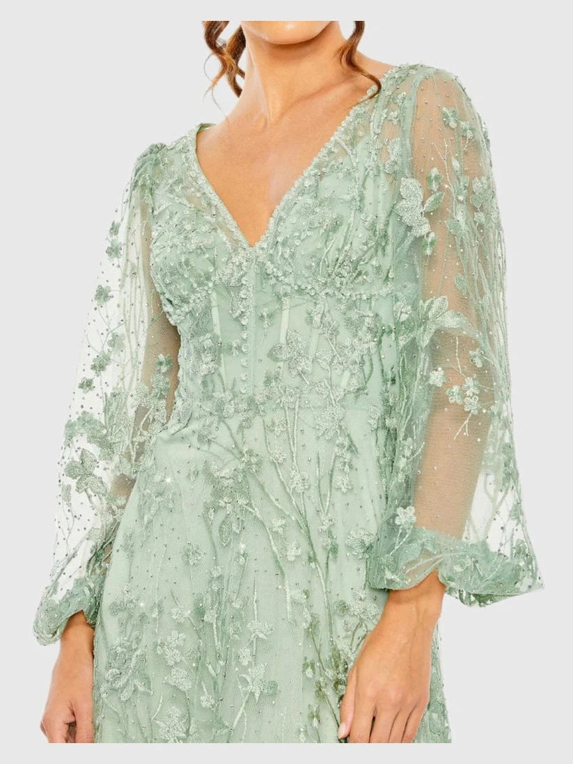 Puff Sleeve A-Line Embroidered Gown