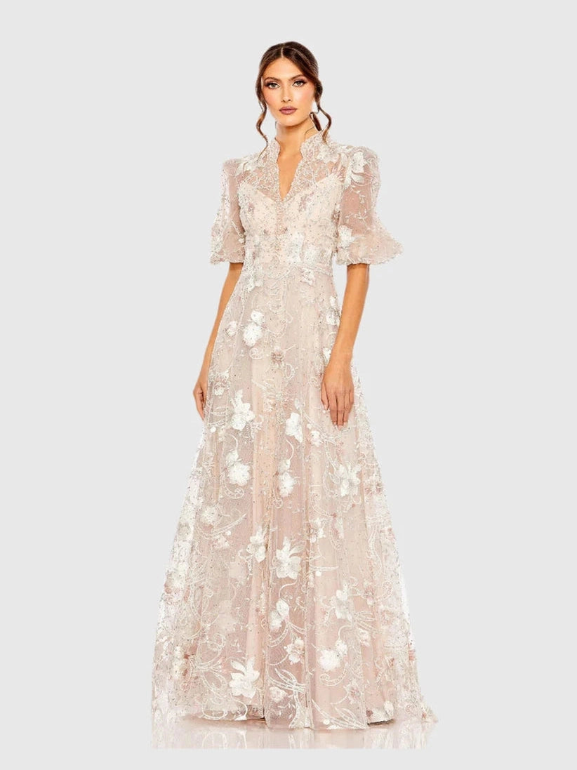 Queen Anne Puff Sleeve A Line Gown