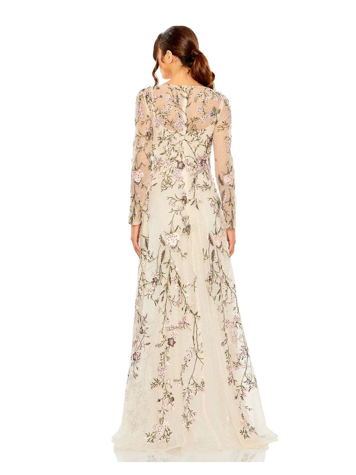 V Neck Long Sleeve Embroidered Gown