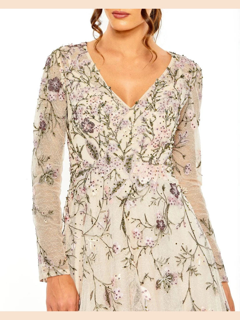 V Neck Long Sleeve Embroidered Gown