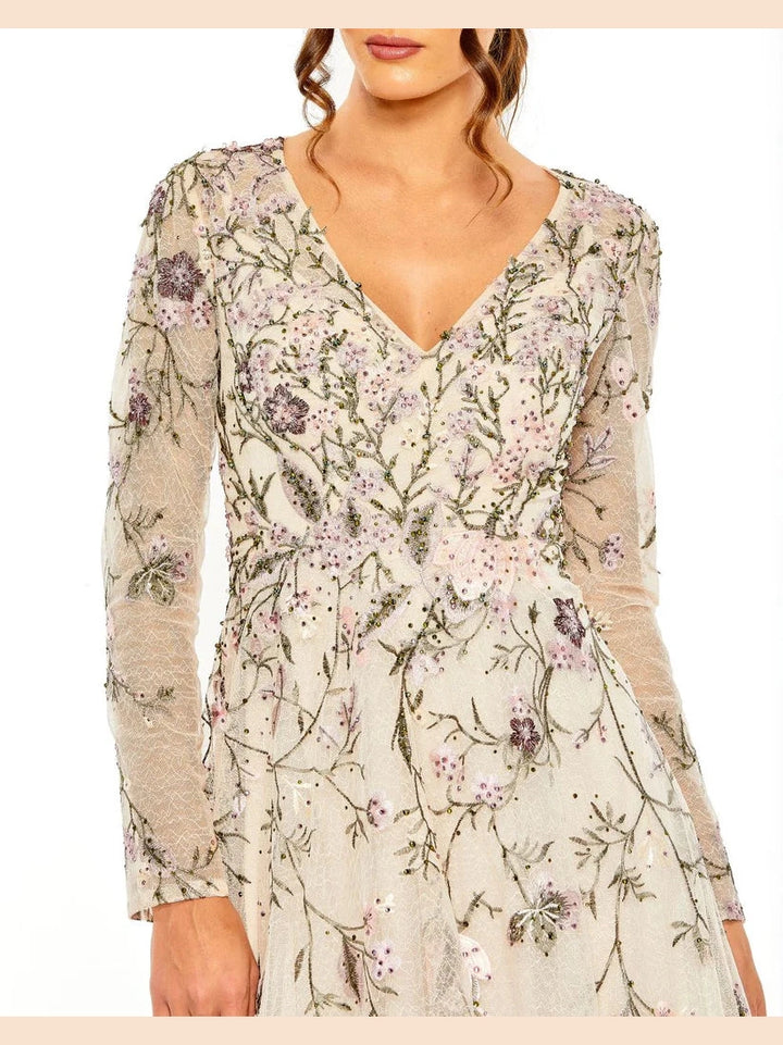 V Neck Long Sleeve Embroidered Gown