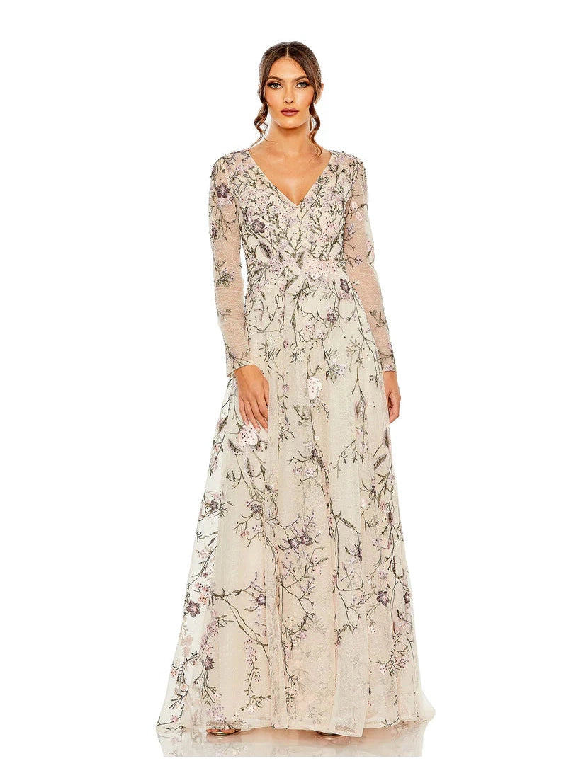 V Neck Long Sleeve Embroidered Gown