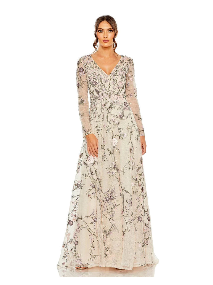 V Neck Long Sleeve Embroidered Gown