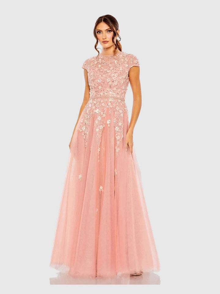 High Neck Cap Sleeve Embellished A Line Gown