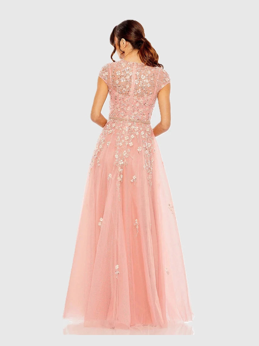 High Neck Cap Sleeve Embellished A Line Gown