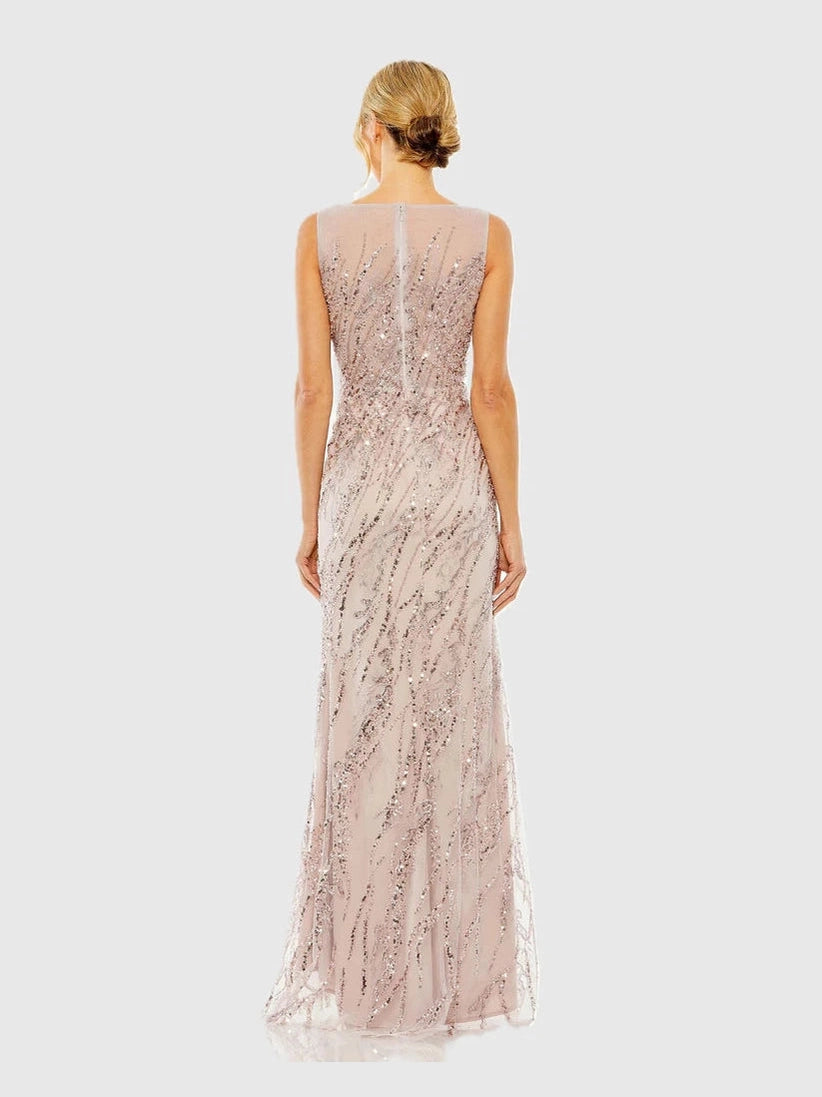 Sleeveless Boat Neck Sequin Beaded Gown
