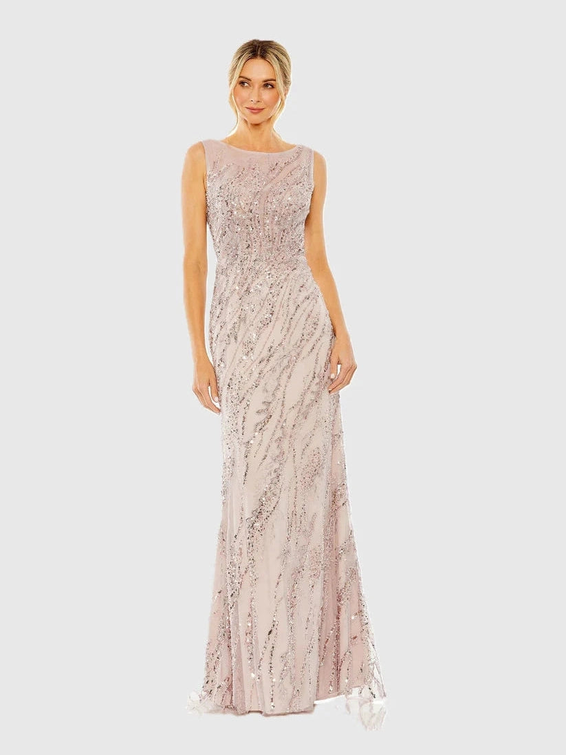 Sleeveless Boat Neck Sequin Beaded Gown