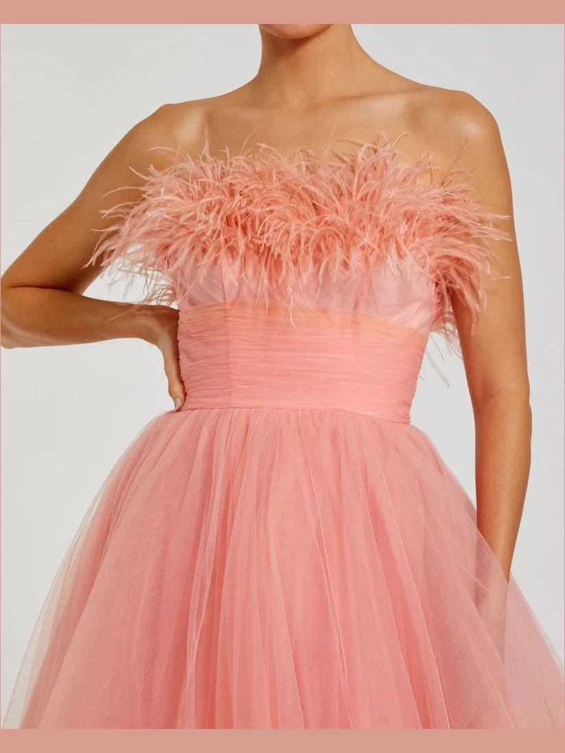 Ombre Strapless Feather Bodice Tulle Gown